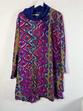 Winter Sun Tunic Dress Women's Batik Print Cowl Neck Long Sleeve Boho Artsy XL